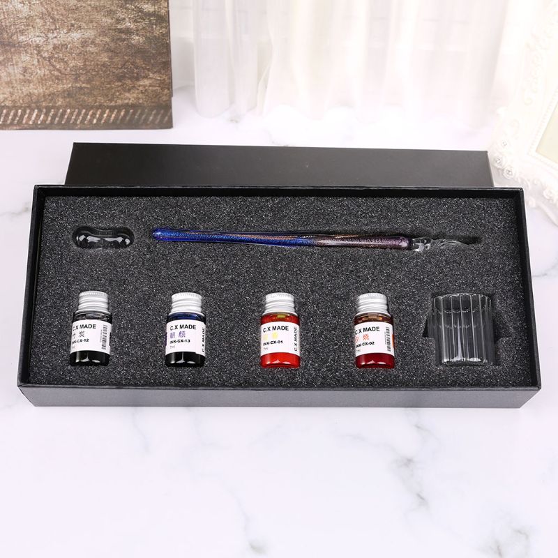 

7pcs/set Starry Sky Glass Fountain Dip Pen Holder Signature Ink Calligraphy Writing Stationery Office School Gift, Red