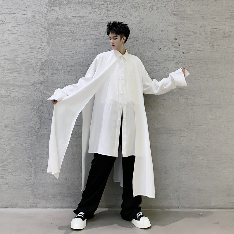 

Men 2 Pieces Splice Casual Long Sleeve Shirts Male Streetwear Long Style Fashion Loose Dress Shirts Black White