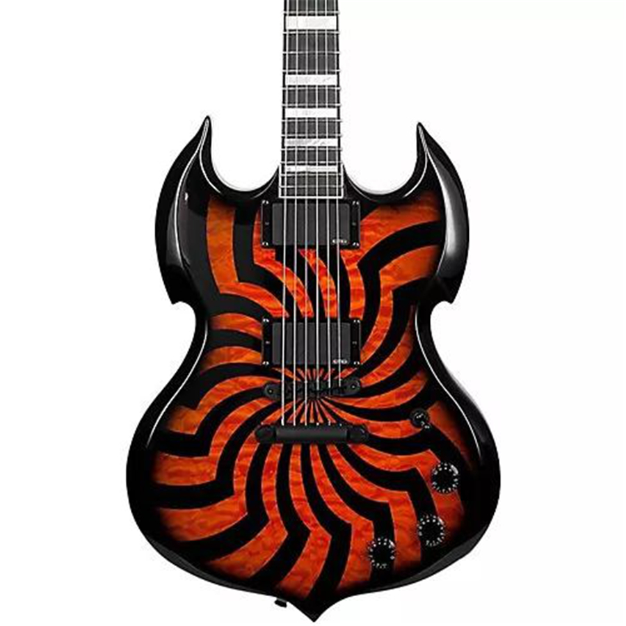 

Wylde Audio Barbarian Electric Guitar HellFire Buzzsaw Zakk Bullseye SG Flame Black Guitars MOP Large Block Inlay Black Hardware