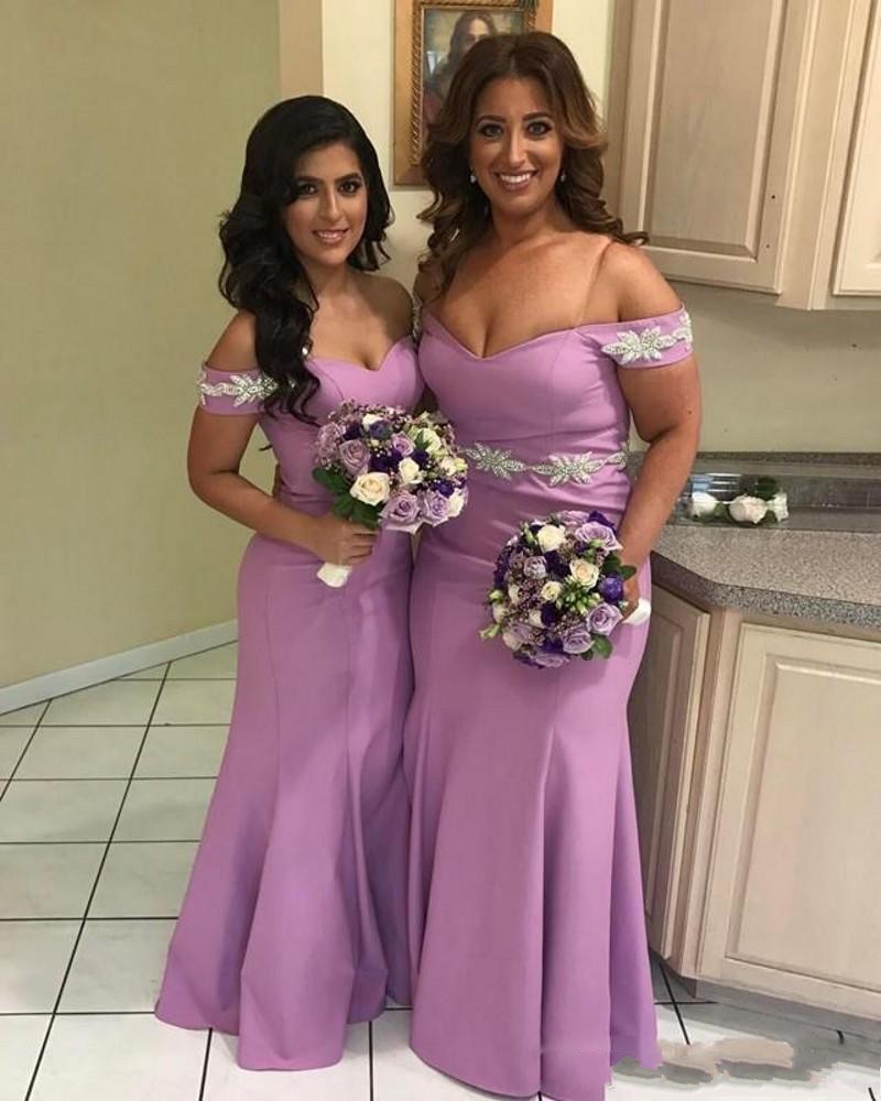

Elegant 2022 Purple Off Shoulders Bridesmaids Dresses Satin Mermaid Crystal Beaded Long Wedding Guest Party Prom Evening Formal Dress