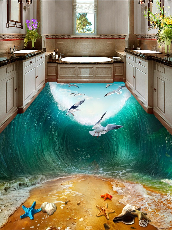 

3d pvc flooring custom photo Waterproof Self-adhesive floor Shocking waves seabird beach home decor living room wallpaper for walls 3 d, Customize
