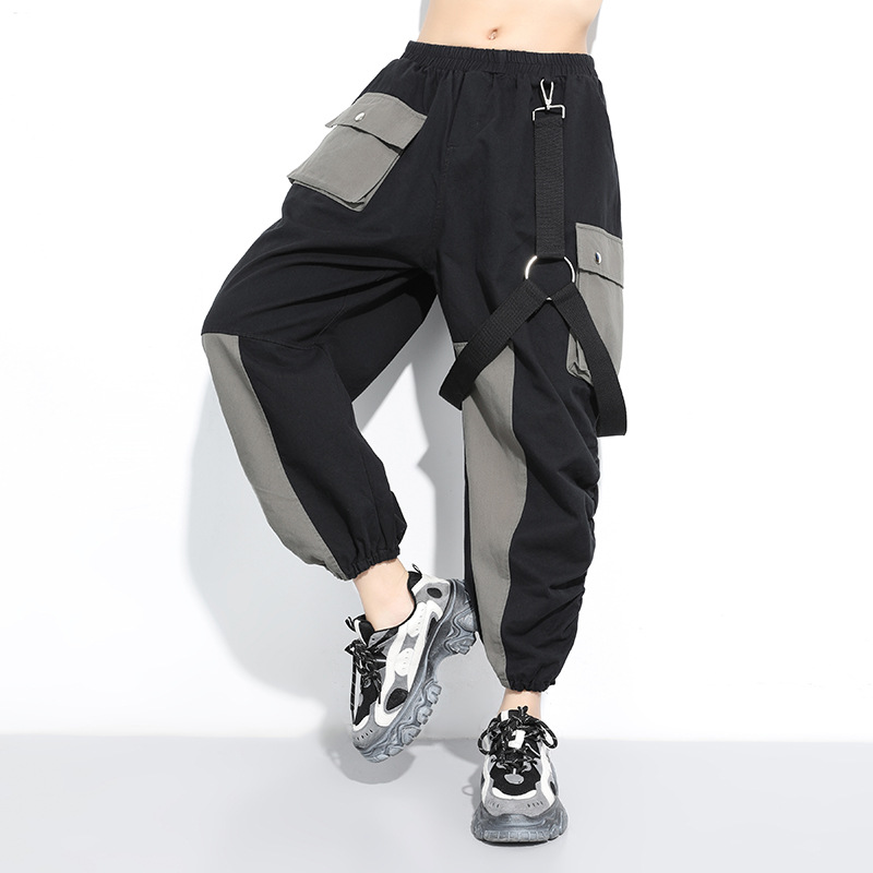 

Pockets Cargo Pants Streetwear Women Plus Size Harem Pants Ribbons Decorate Side Pleated Hip Hop Casual Trousers 2020 Summer, Black top