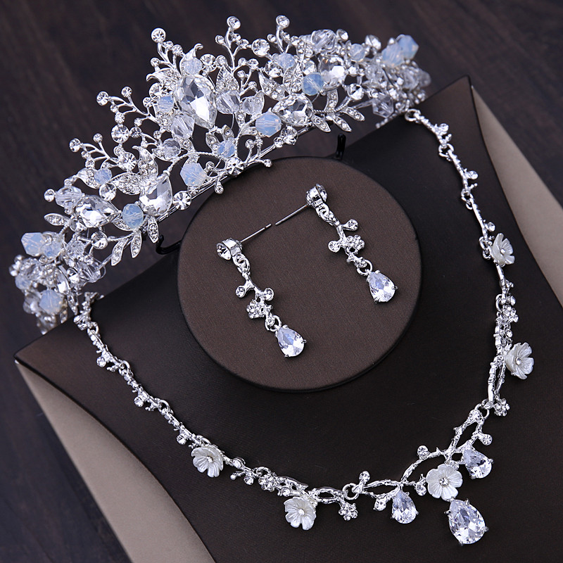 

Bridal tiara crown Korean wedding hair accessories 2019 new wedding jewelry zircon necklace earrings three-piece suit, Silver