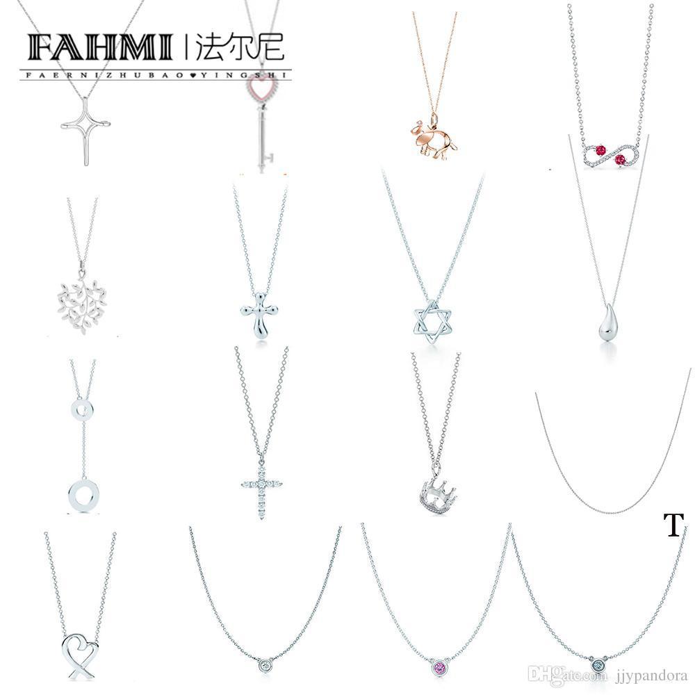 

FAHMI 100% 925 Sterling Silver TIF Classic Water Droplets Cross Crown Heart-shaped Key Leaf Pendant Necklace Factory Direct