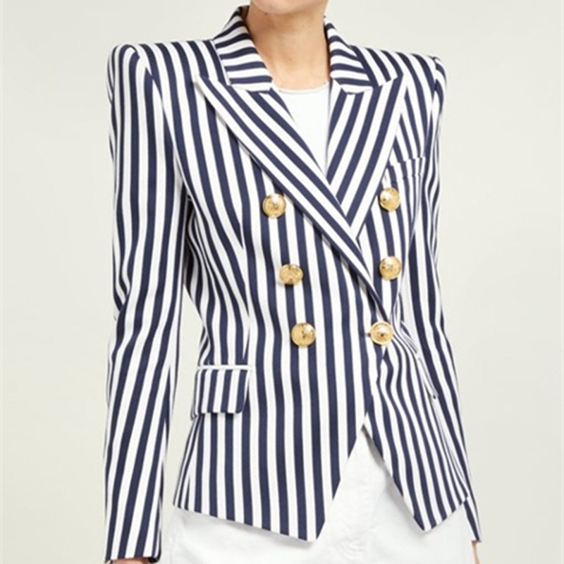 

2019 Runway Women' Double Breasted Striped Coat Jacket Lion Buttons High Quality New Fashion Slim Long Sleeve Jacket X424, As picture
