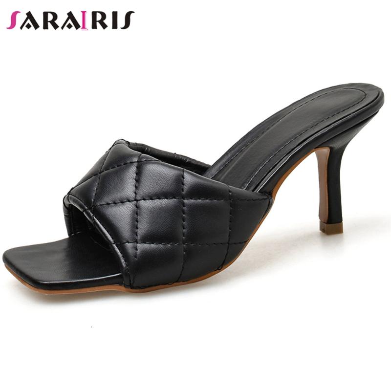 

SaraIris New Female Cool Square Peep Toe Slippers High Thin Heels Slides Women Summer Elegant Sewing Shoes Woman, Black