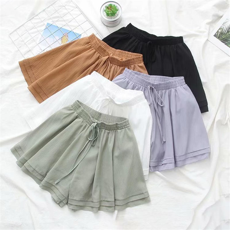 

New Summer High Waist Shorts Women Casual Harajuku Chiffon Mini Short Feminino Loose Elastic Wide Leg Women Shorts Solid Q2363, Khaki shorts