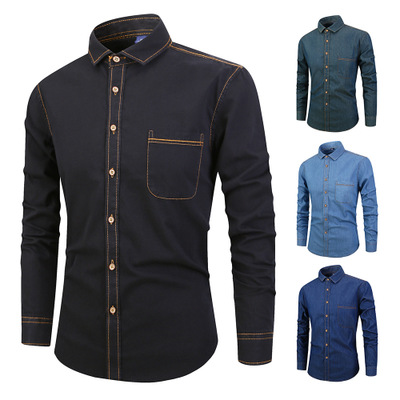 Men Denim shirt Cowboy Shirt Casual Long Sleeves Slim Fit Cotton Fashion Male Denims Jeans Shirt Tops Size M-XXXXL National Wind Flower Hot
