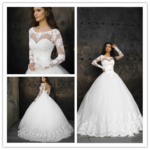 

Classy Lace Appliqued Ball Gown Wedding Dresses With Long Sleeves Sheer Jewel Neckline Tulle Chapel Beaded Backless Bridal Gowns, White