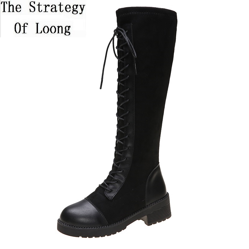Mode Reitstiefel Damenschuhe Runde Zehe Schnürschuhe Kniehohe Stiefel Schnalle