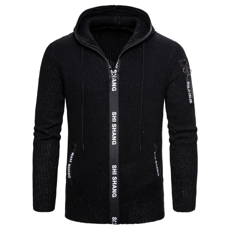 

New Men Thick Hooded Cardigan Letter Zipper Sweater Perfect Quality Cashmere Long Sleeve Coat Cotton Knitwear Dropshopping, Black
