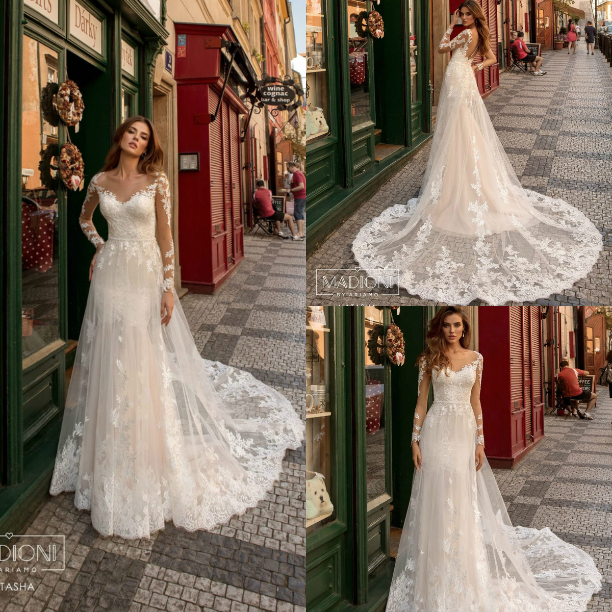 

2020 New Robe De Soiree A Line Appliqued Sheer Jewel Neck Long Sleeve Country Bridal Gowns Sweep Train Bohemian Wedding Dress, Orange