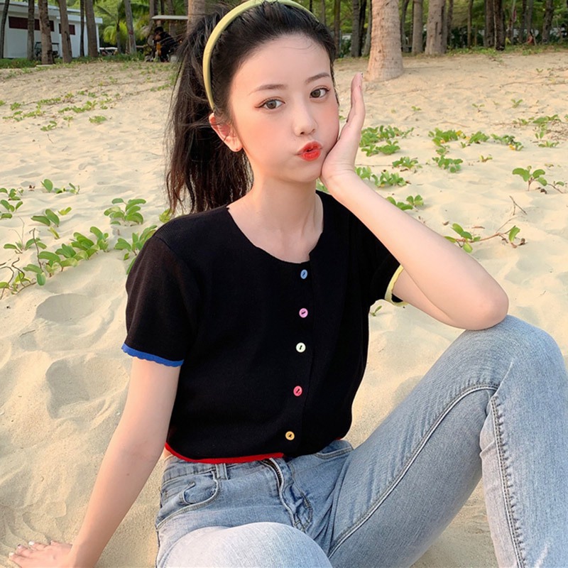 

2020 New Knitted T Shirt For Women Fashion Wild O-neck Short-sleeved Crop Tops Button Thin Cardigan T-shirt, White