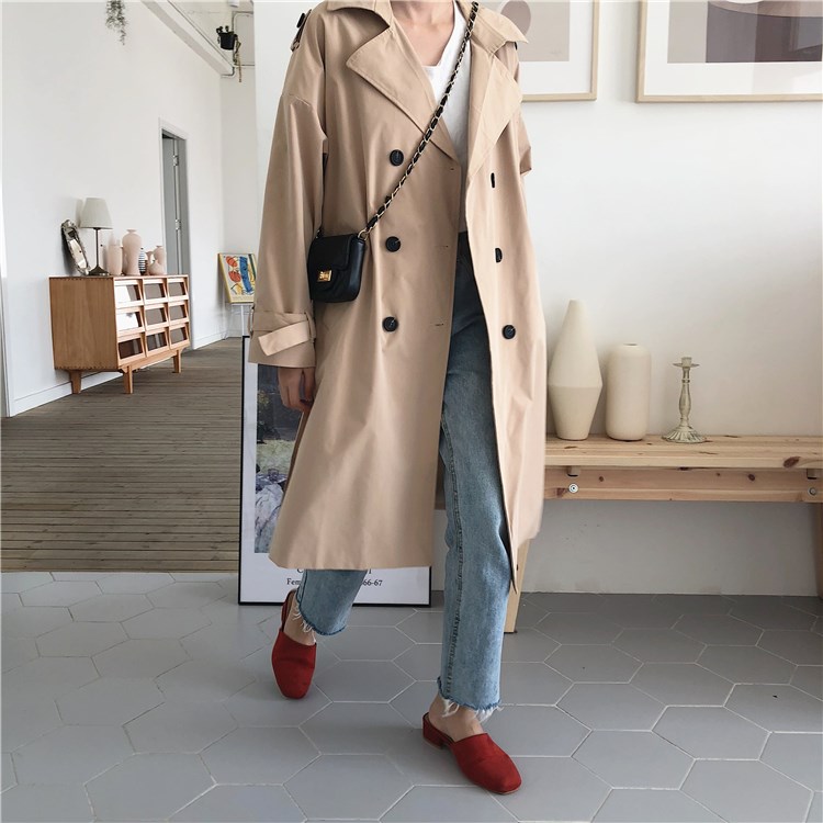 

2019 Autumn Turn-down Collar Long Trench Coat Women Casual Vintage Khaki Red Loose Trench Outwear