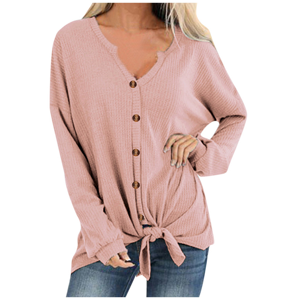 

Fashion Knit Tunic Blouse Casual Winter Waffle Ladies Tie Knot Sweater Loose Tops Female Women Long Sleeve Shirt Blusas Pullover, Black