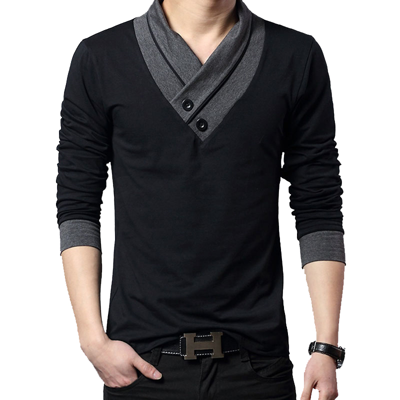 

Fashion Trend Slim Fit Long Sleeve T Shirt Men Patchwork Collar Tee V-Neck Men T-Shirt Cotton T Shirts Plus Size 4XL, Gray