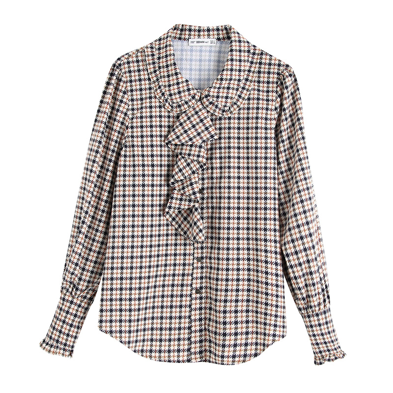 

OMIKRON Elegant Fashion Women Satin Blouses Stand Long Lantern Sleeve Elegant Blouse Office Lady Plaid Shirts Female Blusas S-XL