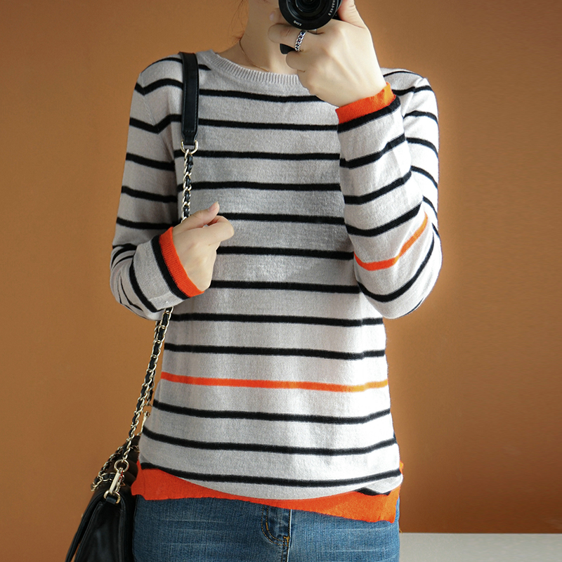 

striped wool sweater women round neck thin pullover long sleeves short casual fashion elegant jacket knitted tops, Orange
