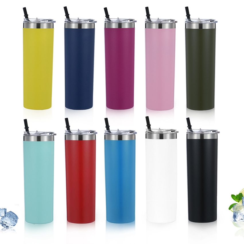 

20oz Skinny Tumbler Stainless Steel Vacuum Insulated Straight Cup Beer Coffee Mug Glasses with Lids and Straw Water Bottle LJJK2193-1