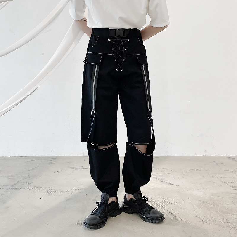 

Fashion Hip Hop Gothic Couple Trousers Harem Pant Stage Clothing Men Bandage Hole Casual Pant Male Women Streetwear, Black