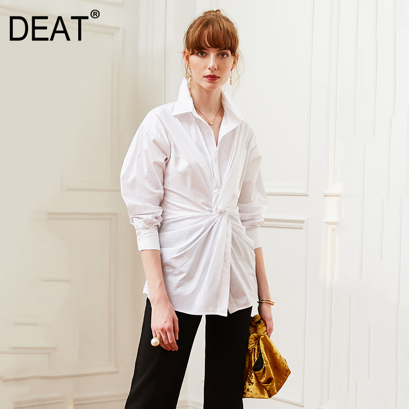 

DEAT Women White Knot Split Joint Temperament Blouse New Lapel Long Sleeve Loose Fit Shirt Fashion Spring Autumn 2020 JW513