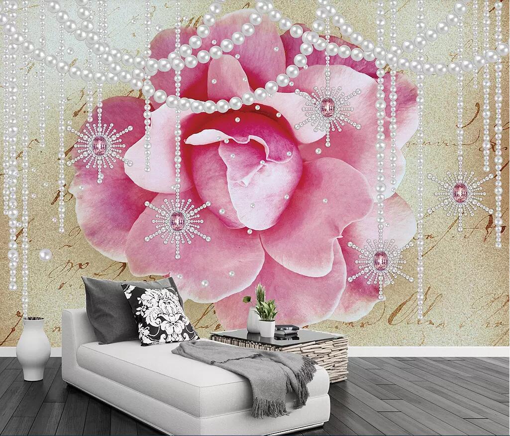 

3d room wallpaper custom photo non-woven mural Modern minimalist pink flower pearl 3D three-dimensional jewelry wall art canvas pictures, Picture shows