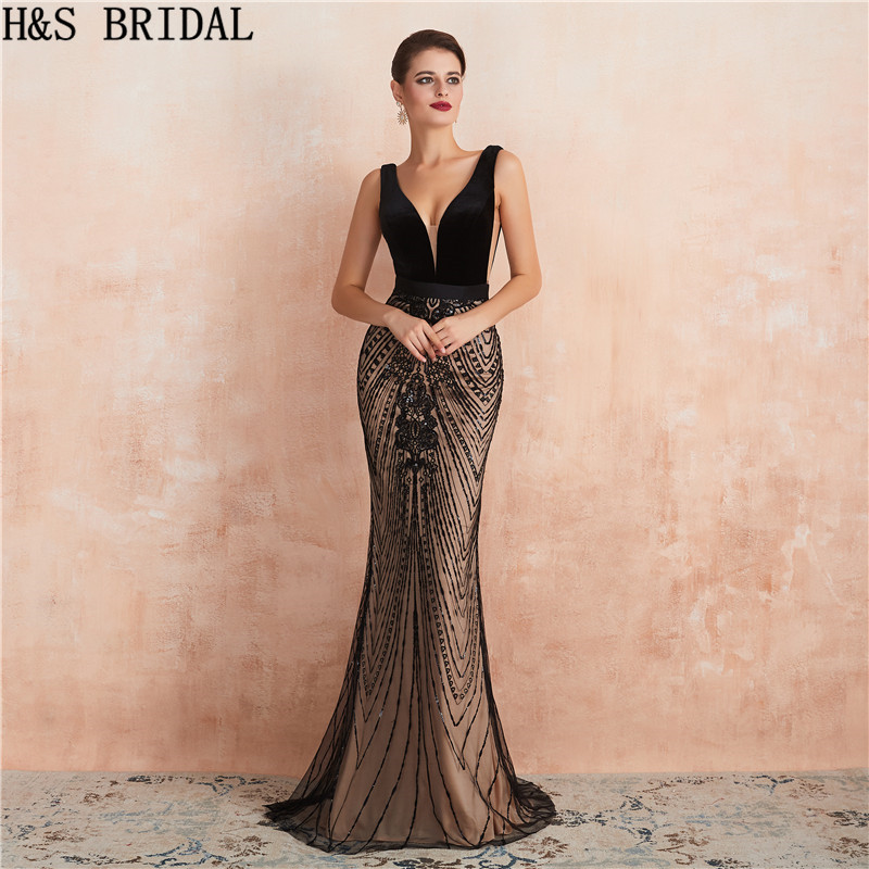 

H&S BRIDAL Mermaid Prom Dresses Long 2019 Women Sexy Party Evening Dress V Neck Lace Sequin Formal Gowns, Black