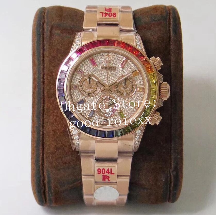 

Luxury Gold Mens Automatic Chronograph Eta 7750 Watch 904L Steel Diamond Dial Bezel Men Rainbow 116598 Cosmograph Valjoux Watches, Multi-color