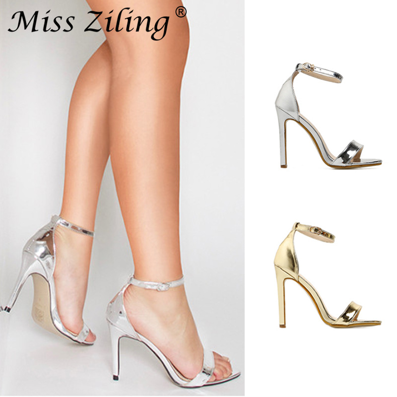 

Women Dress sandals one word buckle high heels gold and silver Wedding shoes Plus Size 35-43, Freight difference