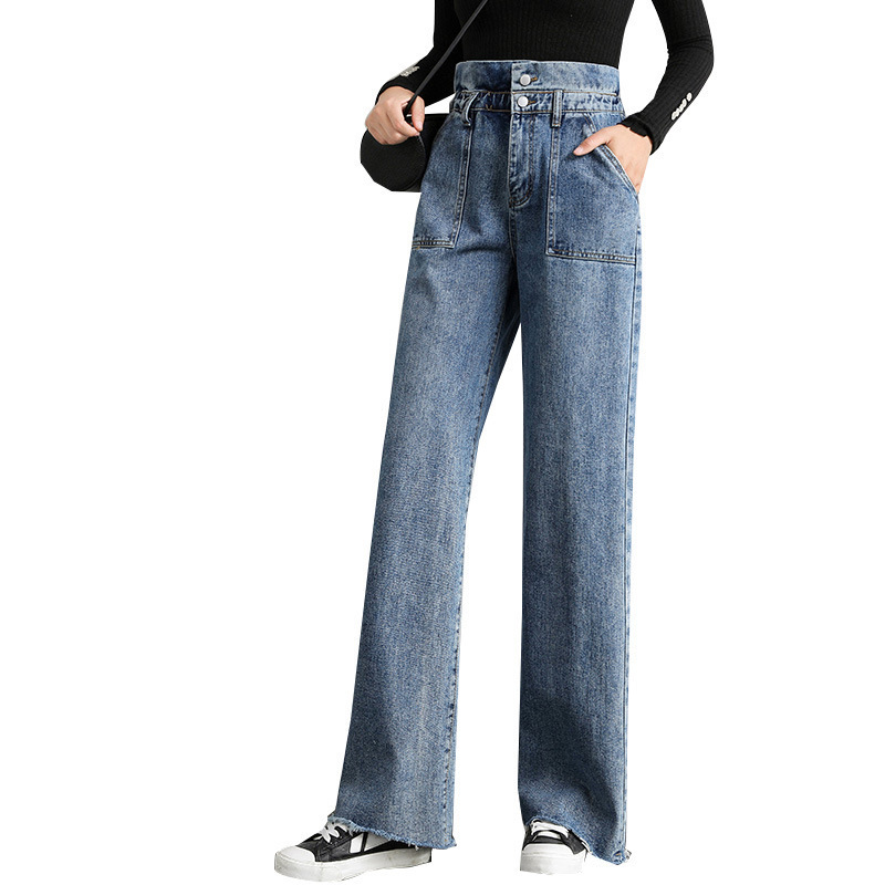 

High-waist wide-legged chia ripped jeans women summer waitmore straight mop loose cec pants thin, Light blue