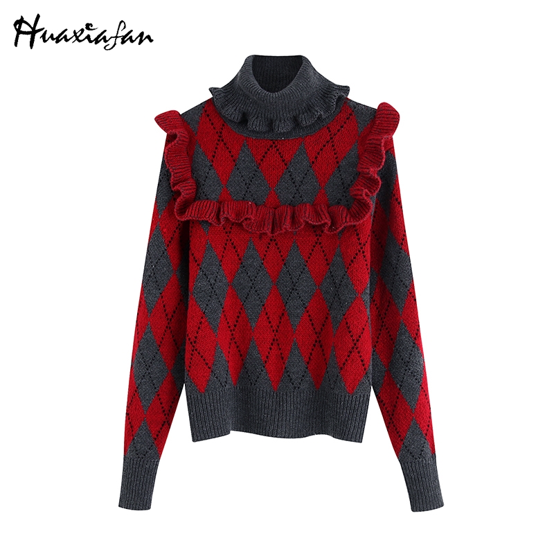 

knitwear sweater Women Red Plaid Autumn Winter Turtleneck High Neck Sweater Femme Pullover Long Sleeve Ruffles Tops, As picture