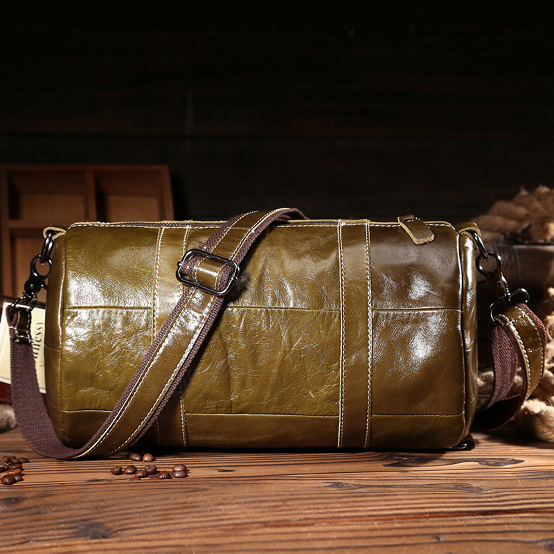 

New Genuine Leather Cylinder Bag Cow Leather Casual Shoulder Bag Trendy Oil Wax Messenger Unisex Outing Travel, As show