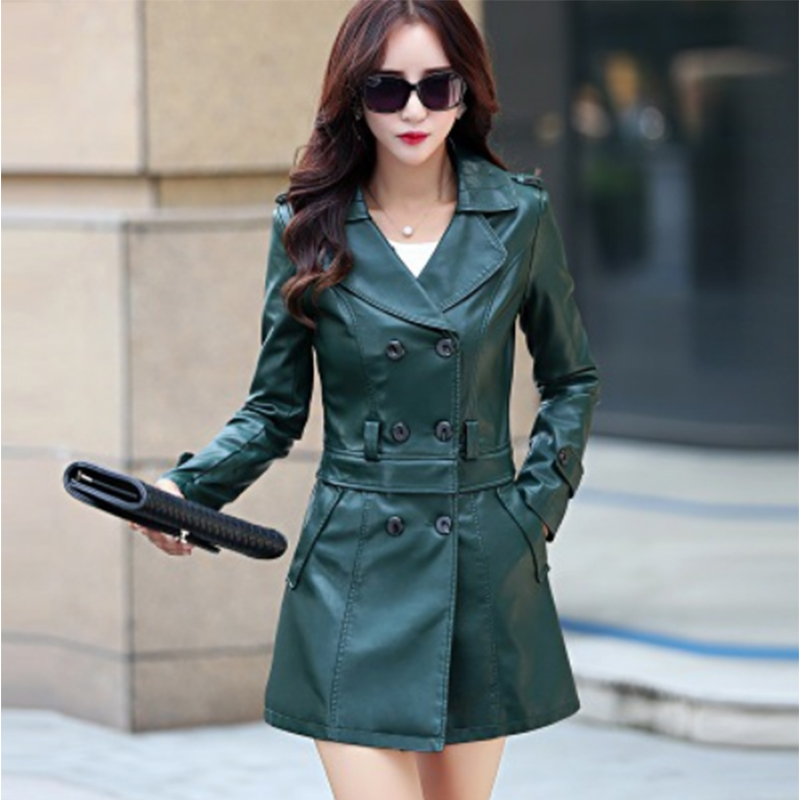 

Autumn Winter 2019 Leather Suede Coats Women Double Breasted Slim Jackets Green Turn Collar Office Lady Faux Leather Outwear, Black