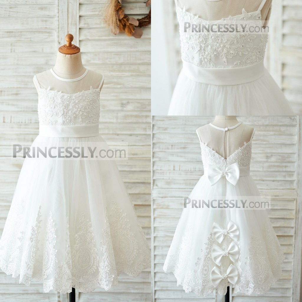 

White A Line Flower Girl Dress Jewel Neck Sleeveless Tulle Lace Applique Bow Pearls Wedding Dress Knee Length Girl's Birthday Part, Burgundy