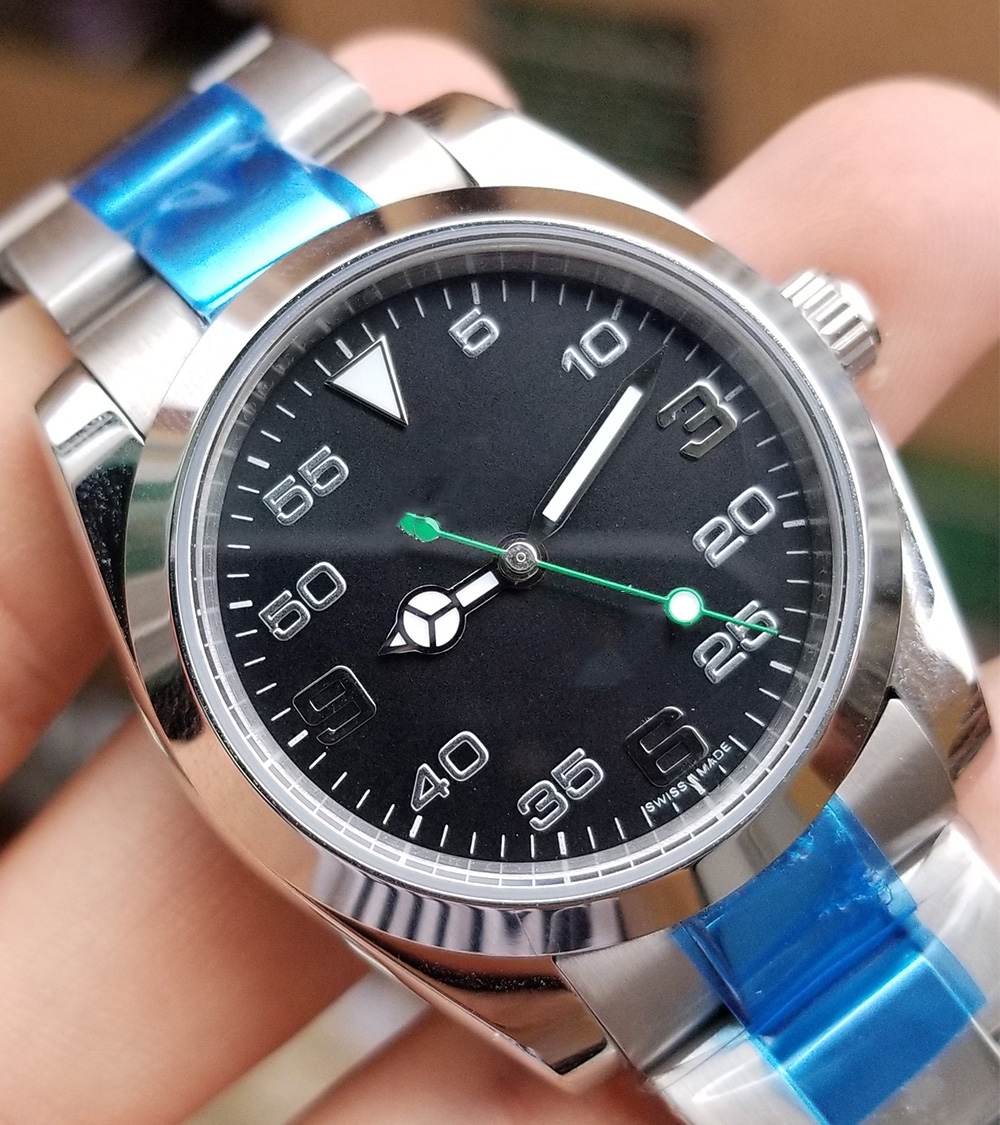 

2813 Black Top Mens Mechanical Stainless Steel Automatic Movement AIR KING Watch Sports Self-wind Watches Wristwatch, Box