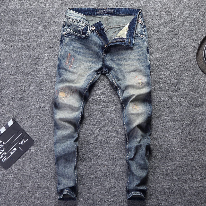

Newly Vintage Fashion Men Jeans Slim Fit Embroidery Patchwork Ripped Jeans Homme Streetwear Hip Hop Men Pants, Retro blue