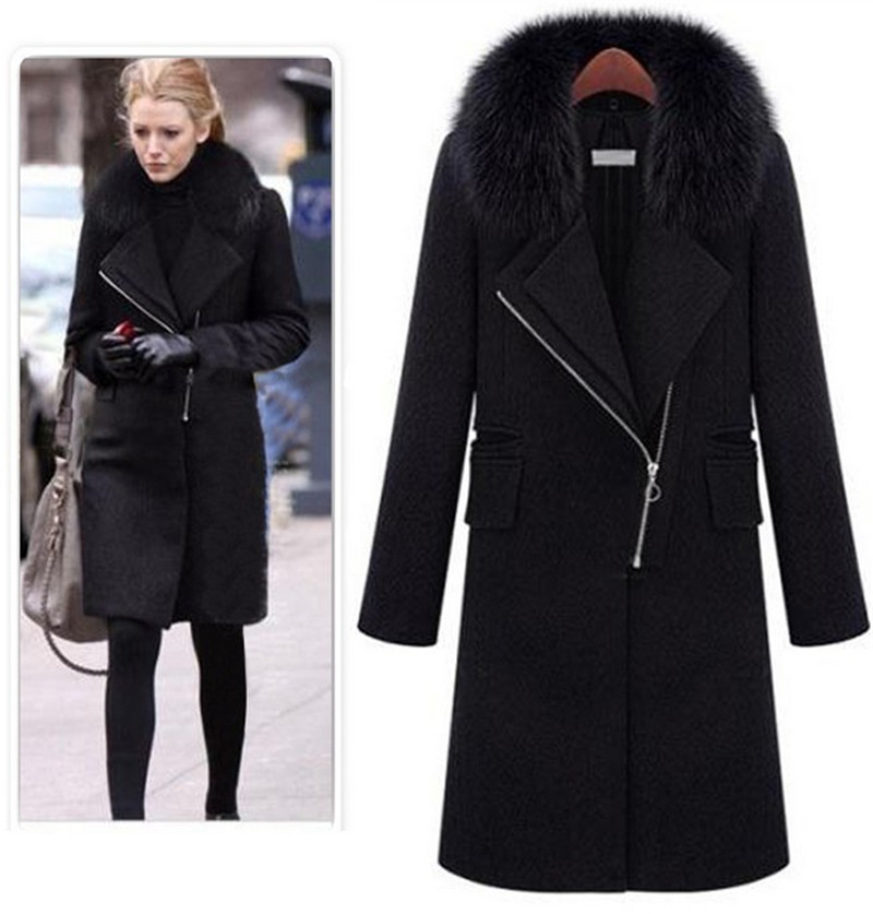 

Winter Womens Designer Blends Black Lapel Neck Outerwear with Fur Fashion Female Thick Wool Coats Clothing