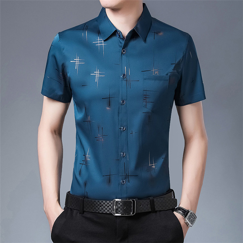 

Men Summer Shirt Dress Men Korean Clothes Cotton Mens Shirts Casual Slim Fit Design Short Sleeve Fashion Print Male Blouse Black