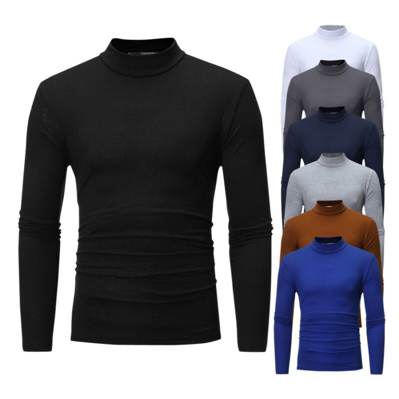 New Autumn White T-shirt Men Long Sleeve Turtleneck Solid Color Casual Thin Slim Fit Male Tops Basic T-shirts Mandarin Clothes-image-485748873