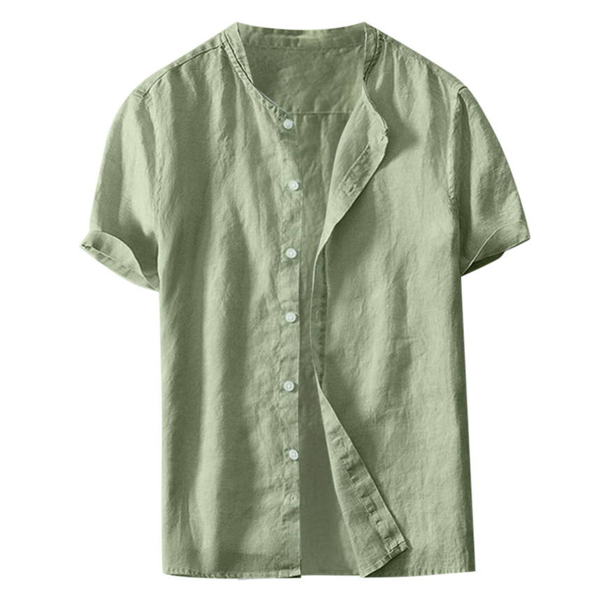 

KLV Shirts Summer Men's Cool Thin Breathable Solid Color Button Cotton Shirt Short Sleeve Leisure Shirt Fitness Camisa, Khaki