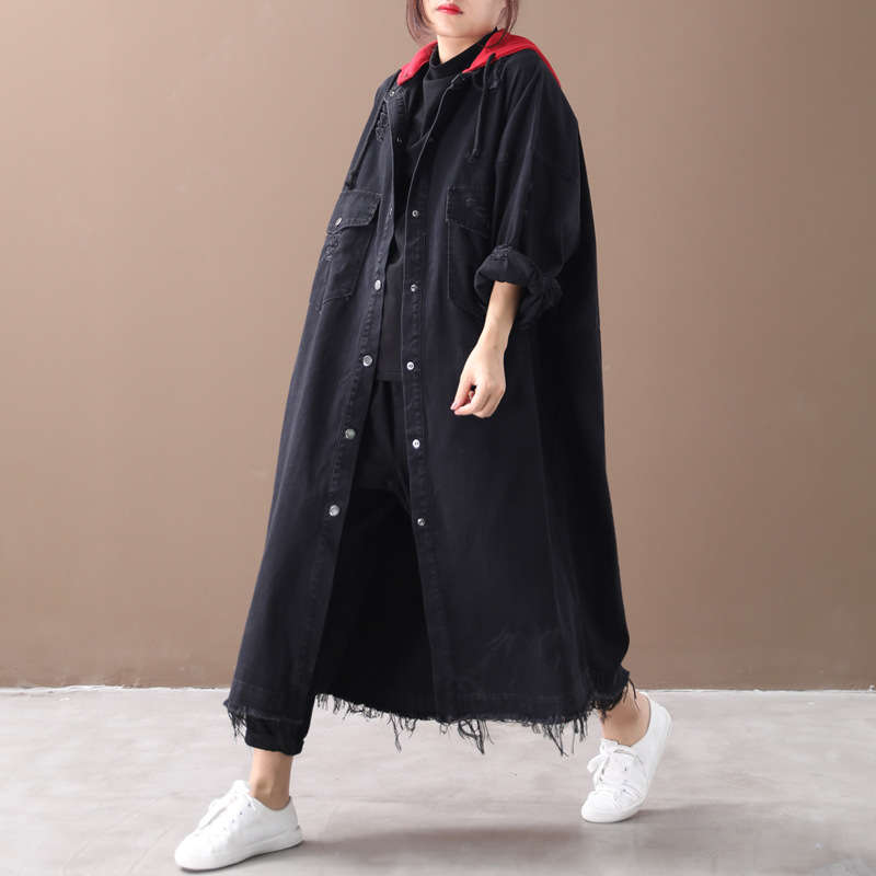 

2020 female new autumn and beiginning winter korean style plus size outerwear art colorblock hooded loose long denim trench, Black