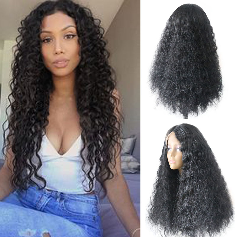 

RONGDUOYI Black Wig Long Loose Curly Glueless Synthetic Lace Front Wig Heat Resistant Fiber Middle Part Hair Wigs For Women, As pic