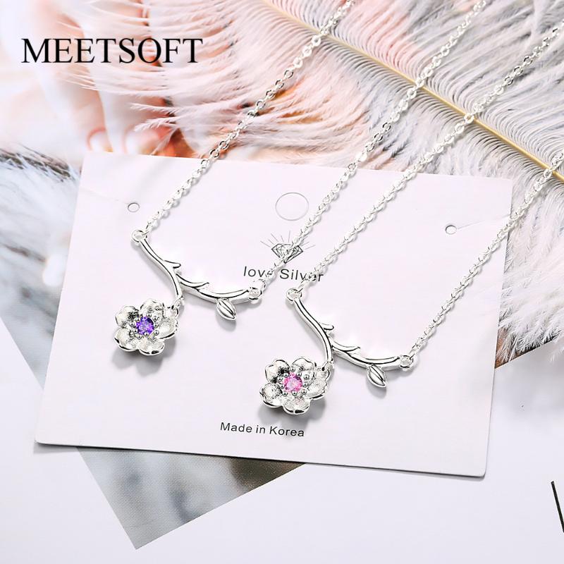 

MEETSOFT 925 Silver Pendant Necklac Minimalist Clavicle Chain Female Smiple Plum Flower Branch Cherry Blossoms Accessories Gift