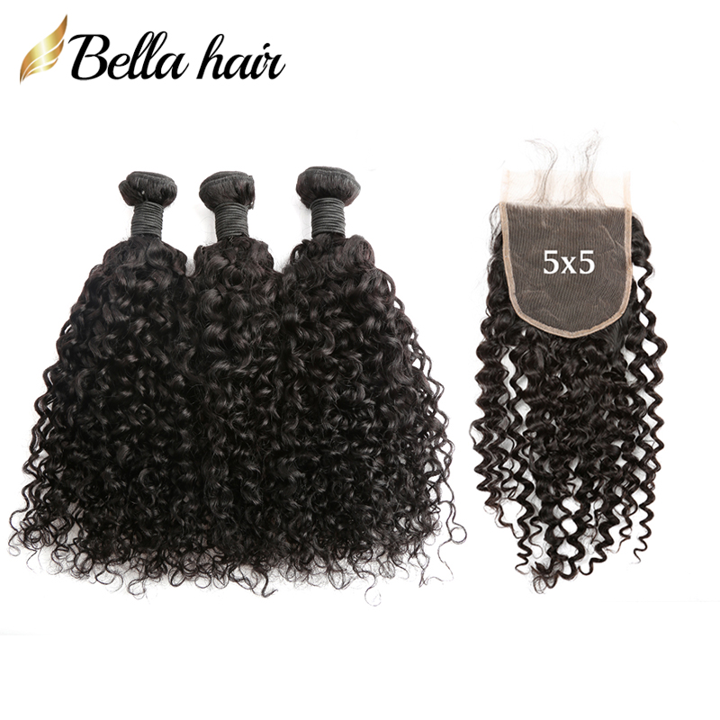 

3 Bundles with Lace Closure 5x5 Curly Wave Natural Black Virgin Weaves Weft 4 PCS/Lot Brazilian Peruvian Indian Bella Hair, Natural color