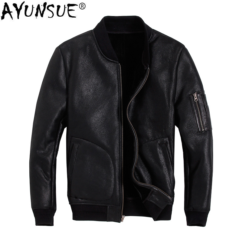 

AYUNSUE Men' Genuine Leather Jacket Winter Coat Sheep Shearling Jacket Men Bomber Motorcycle Sheepskin Leather Jackets KJ2915, Black