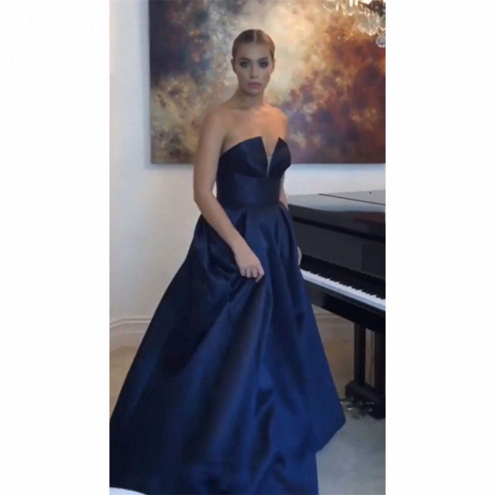 

Navy Blue Strapless Evening Dresses Long A Line Prom Gown Robe de soiree Satin Women's Prom Gown Evening Party Dresses, Hunter