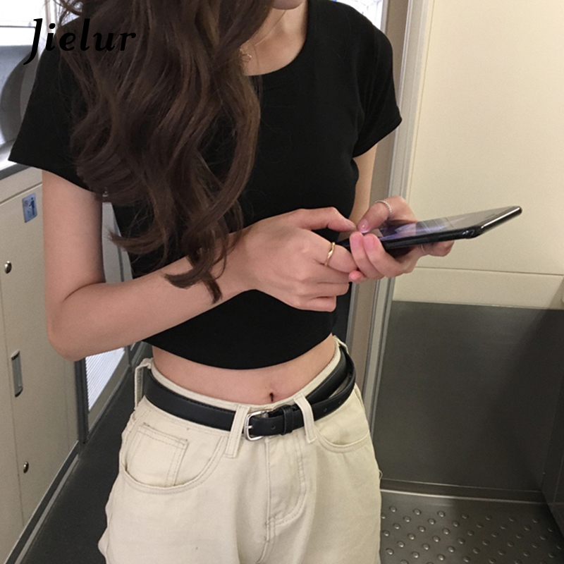 

8 Solid Color Korean Crop Top Femme 2020 Harajuku Tshirt Cotton Women Basic T-shirt Casual O-neck Tee Tops White, Black