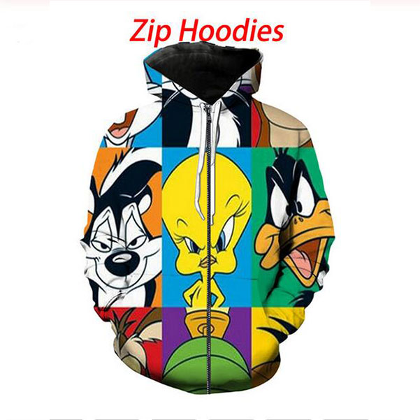 New Fashion Unisex Cartoon Looney Tunes 3D Print Jacket Sweatshirts Zip Up Hoodies Tracksuit Hooded Tops MH02