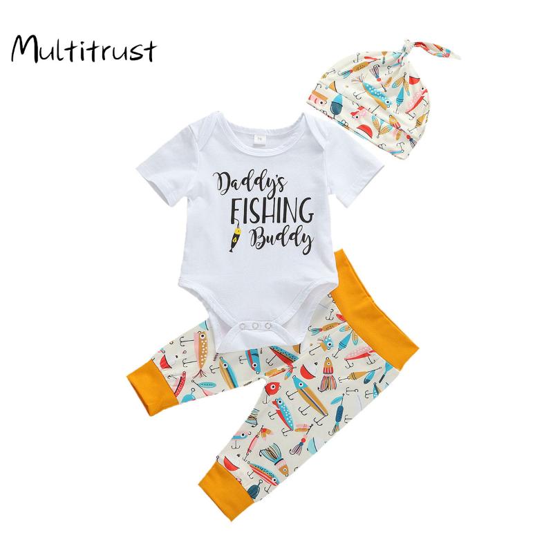 

Multitrust Baby Clothes Short Sleeve Trousers Cartoon Print Hat Letter Print Summer Cool 3pcs Infant Clothing Suit, As pic