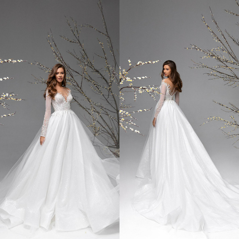 

2021 Elegant Wedding Dresses Long Sleeves Beach Bridal Gowns Custom Made Button Back Lace Appliques Sweep Train A-Line Wedding Dress, Ivory